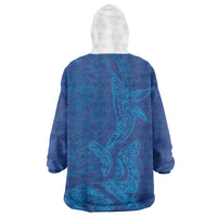 Hawaiian Monk Seal and Whale Wearable Blanket Hoodie Kakau Tribal Pattern Blue Color