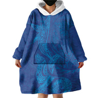 Hawaiian Monk Seal and Whale Wearable Blanket Hoodie Kakau Tribal Pattern Blue Color