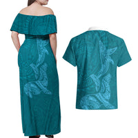 Hawaiian Monk Seal and Whale Couples Matching Off Shoulder Maxi Dress and Hawaiian Shirt Kakau Tribal Pattern Teal Color LT03 - Polynesian Pride