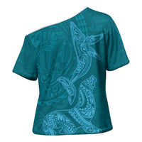 Hawaiian Monk Seal and Whale Cross Shoulder Shirt Kakau Tribal Pattern Teal Color LT03 - Polynesian Pride