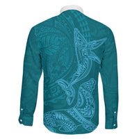 Hawaiian Monk Seal and Whale Family Matching Off The Shoulder Long Sleeve Dress and Hawaiian Shirt Kakau Tribal Pattern Teal Color LT03 - Polynesian Pride