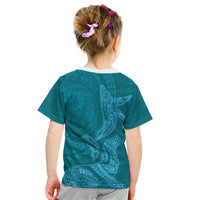 Hawaiian Monk Seal and Whale Kid T Shirt Kakau Tribal Pattern Teal Color LT03 - Polynesian Pride