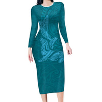 Hawaiian Monk Seal and Whale Long Sleeve Bodycon Dress Kakau Tribal Pattern Teal Color LT03 Long Dress Teal - Polynesian Pride