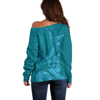 Hawaiian Monk Seal and Whale Off Shoulder Sweater Kakau Tribal Pattern Teal Color LT03 - Polynesian Pride