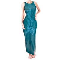 Hawaiian Monk Seal and Whale Tank Maxi Dress Kakau Tribal Pattern Teal Color LT03 Women Teal - Polynesian Pride