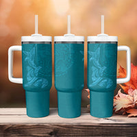 Hawaiian Monk Seal and Whale Tumbler With Handle Kakau Tribal Pattern Teal Color LT03 - Polynesian Pride
