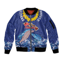 Hawaiian Sea Animals Sleeve Zip Bomber Jacket Whales Shark and Turtle Guardians with Tribal Pattern LT03 Unisex Blue - Polynesian Pride