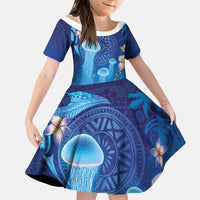 Fiji Jellyfish Family Matching Puletasi and Hawaiian Shirt Tapa Patterns and Hibiscus Sea Vibe LT03 Daughter's Dress Blue - Polynesian Pride