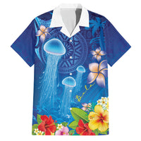 Fiji Jellyfish Family Matching Summer Maxi Dress and Hawaiian Shirt Tapa Patterns and Hibiscus Sea Vibe LT03 Dad's Shirt - Short Sleeve Blue - Polynesian Pride