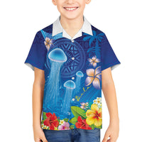 Fiji Jellyfish Kid Hawaiian Shirt Tapa Patterns and Hibiscus Sea Vibe LT03 Kid Blue - Polynesian Pride