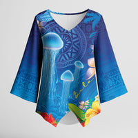 Fiji Jellyfish Kimono Sleeve Blouse Tapa Patterns and Hibiscus Sea Vibe LT03 Female Blue - Polynesian Pride