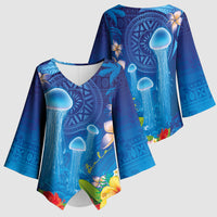 Fiji Jellyfish Kimono Sleeve Blouse Tapa Patterns and Hibiscus Sea Vibe LT03 - Polynesian Pride