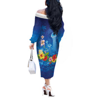 Fiji Jellyfish Off The Shoulder Long Sleeve Dress Tapa Patterns and Hibiscus Sea Vibe LT03 - Polynesian Pride