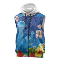 Fiji Jellyfish Sleeveless Zip Hoodie Tapa Patterns and Hibiscus Sea Vibe LT03 Blue - Polynesian Pride
