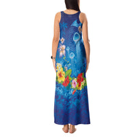 Fiji Jellyfish Tank Maxi Dress Tapa Patterns and Hibiscus Sea Vibe LT03 - Polynesian Pride
