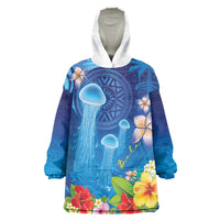 Fiji Jellyfish Wearable Blanket Hoodie Tapa Patterns and Hibiscus Sea Vibe LT03 One Size Blue - Polynesian Pride