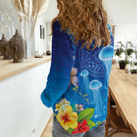Fiji Jellyfish Women Casual Shirt Tapa Patterns and Hibiscus Sea Vibe LT03 - Polynesian Pride
