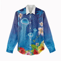 Fiji Jellyfish Women Casual Shirt Tapa Patterns and Hibiscus Sea Vibe LT03 - Polynesian Pride