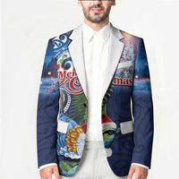 New Zealand Merry Christmas Blazer Maori Tribal Pattern with Xmas Tui Bird