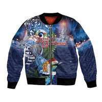 New Zealand Merry Christmas Bomber Jacket Maori Tribal Pattern with Xmas Tui Bird LT03 Unisex Multicolor - Polynesian Pride