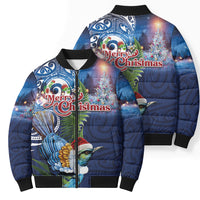 New Zealand Merry Christmas Bomber Puffer Jacket Maori Tribal Pattern with Xmas Tui Bird