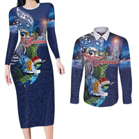 New Zealand Merry Christmas Couples Matching Long Sleeve Bodycon Dress and Long Sleeve Button Shirt Maori Tribal Pattern with Xmas Tui Bird
