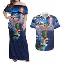 New Zealand Merry Christmas Couples Matching Off Shoulder Maxi Dress and Hawaiian Shirt Maori Tribal Pattern with Xmas Tui Bird