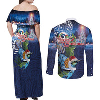 New Zealand Merry Christmas Couples Matching Off Shoulder Maxi Dress and Long Sleeve Button Shirt Maori Tribal Pattern with Xmas Tui Bird