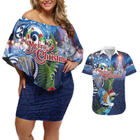 New Zealand Merry Christmas Couples Matching Off Shoulder Short Dress and Hawaiian Shirt Maori Tribal Pattern with Xmas Tui Bird