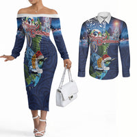 New Zealand Merry Christmas Couples Matching Off The Shoulder Long Sleeve Dress and Long Sleeve Button Shirt Maori Tribal Pattern with Xmas Tui Bird LT03 Multicolor - Polynesian Pride