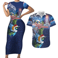 New Zealand Merry Christmas Couples Matching Short Sleeve Bodycon Dress and Hawaiian Shirt Maori Tribal Pattern with Xmas Tui Bird