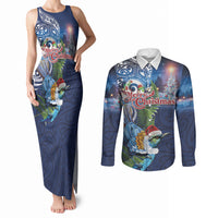 New Zealand Merry Christmas Couples Matching Tank Maxi Dress and Long Sleeve Button Shirt Maori Tribal Pattern with Xmas Tui Bird LT03 Multicolor - Polynesian Pride