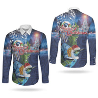 New Zealand Merry Christmas Couples Matching Tank Maxi Dress and Long Sleeve Button Shirt Maori Tribal Pattern with Xmas Tui Bird LT03 - Polynesian Pride