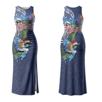New Zealand Merry Christmas Couples Matching Tank Maxi Dress and Long Sleeve Button Shirt Maori Tribal Pattern with Xmas Tui Bird LT03 - Polynesian Pride