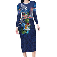 New Zealand Merry Christmas Family Matching Long Sleeve Bodycon Dress and Hawaiian Shirt Maori Tribal Pattern with Xmas Tui Bird