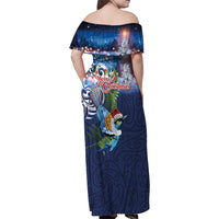 New Zealand Merry Christmas Family Matching Off Shoulder Maxi Dress and Hawaiian Shirt Maori Tribal Pattern with Xmas Tui Bird