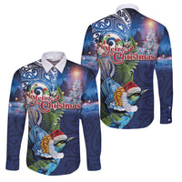 New Zealand Merry Christmas Family Matching Short Sleeve Bodycon Dress and Hawaiian Shirt Maori Tribal Pattern with Xmas Tui Bird LT03 Dad's Shirt - Long Sleeve Multicolor - Polynesian Pride