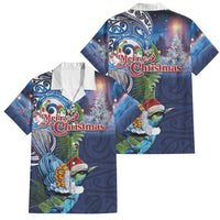 New Zealand Merry Christmas Family Matching Summer Maxi Dress and Hawaiian Shirt Maori Tribal Pattern with Xmas Tui Bird LT03 Dad's Shirt - Short Sleeve Multicolor - Polynesian Pride