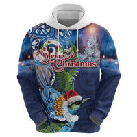 New Zealand Merry Christmas Hoodie Maori Tribal Pattern with Xmas Tui Bird