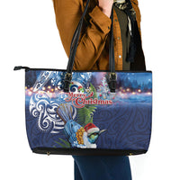 New Zealand Merry Christmas Leather Tote Bag Maori Tribal Pattern with Xmas Tui Bird