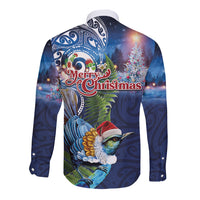 New Zealand Merry Christmas Long Sleeve Button Shirt Maori Tribal Pattern with Xmas Tui Bird