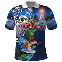 New Zealand Merry Christmas Polo Shirt Maori Tribal Pattern with Xmas Tui Bird