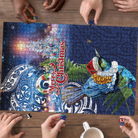 New Zealand Merry Christmas Puzzle Maori Tribal Pattern with Xmas Tui Bird