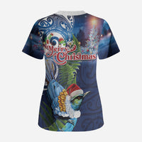 New Zealand Merry Christmas Scrub Top Maori Tribal Pattern with Xmas Tui Bird