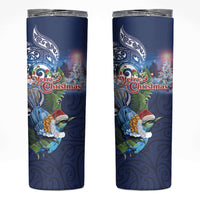 New Zealand Merry Christmas Skinny Tumbler Maori Tribal Pattern with Xmas Tui Bird