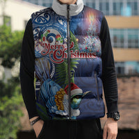 New Zealand Merry Christmas Sleeveless Puffer Jacket Maori Tribal Pattern with Xmas Tui Bird