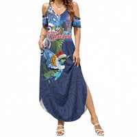 New Zealand Merry Christmas Summer Maxi Dress Maori Tribal Pattern with Xmas Tui Bird LT03 Women Multicolor - Polynesian Pride
