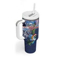 New Zealand Merry Christmas Tumbler With Handle Maori Tribal Pattern with Xmas Tui Bird