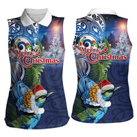 New Zealand Merry Christmas Women Sleeveless Polo Shirt Maori Tribal Pattern with Xmas Tui Bird