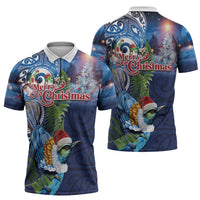 New Zealand Merry Christmas Zipper Polo Shirt Maori Tribal Pattern with Xmas Tui Bird